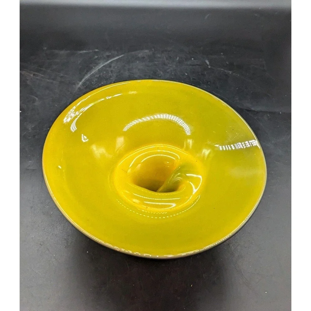 Vintage Bohemian Tango Glass Yellow Black Footed Bowl Compote 6.75